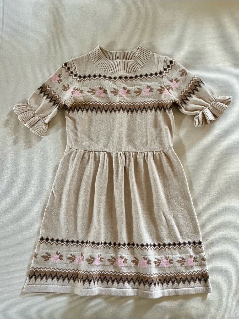 NWT Janie and Jack Cream Knit Dress with Pink Floral and Brown Trim, size 8